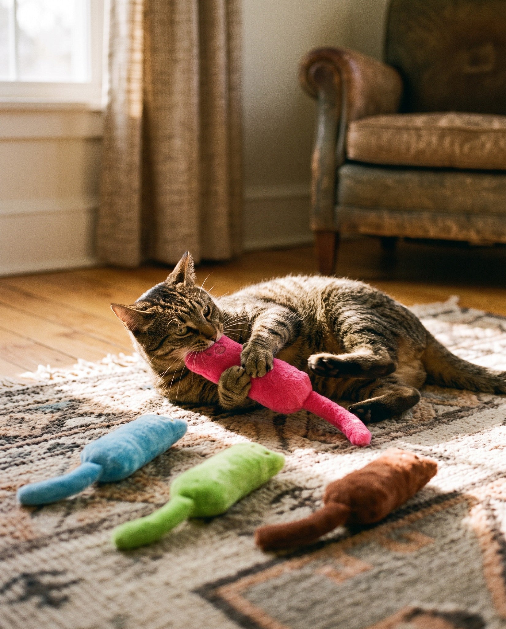 Plush Catnip Kicker Cat Toys, in use at home
