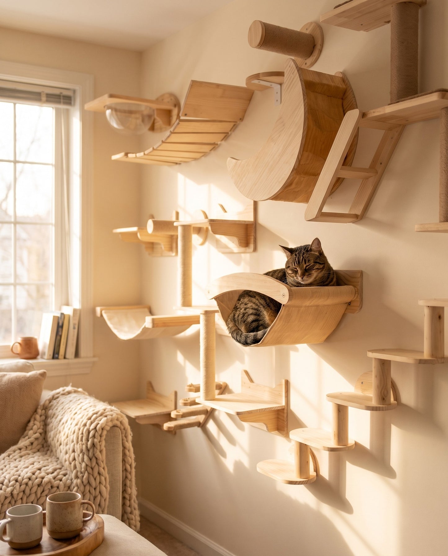 Wall-Mounted Cat Climbing Shelves and Hammock, in use at home
