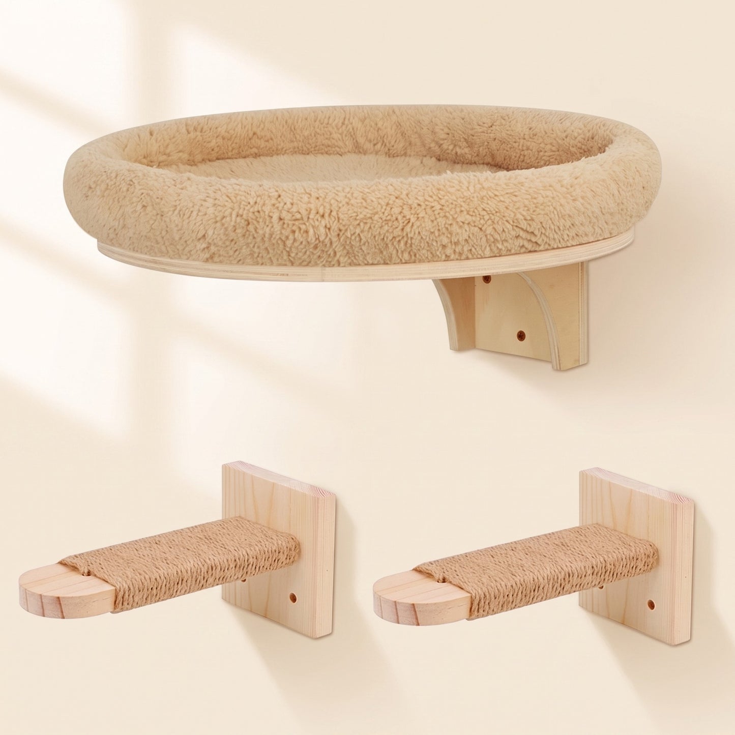 Wall-Mounted Cat Climbing Shelves and Hammock, Round Bed and Jute Steps, 3 Pieces