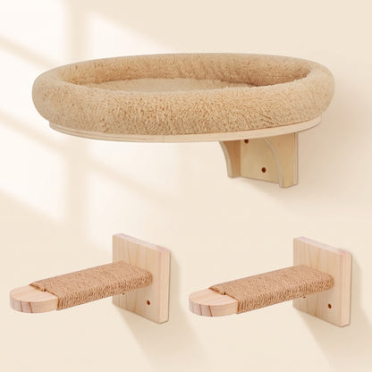 Wall-Mounted Cat Climbing Shelves and Hammock, Round Bed and Jute Steps, 3 Pieces