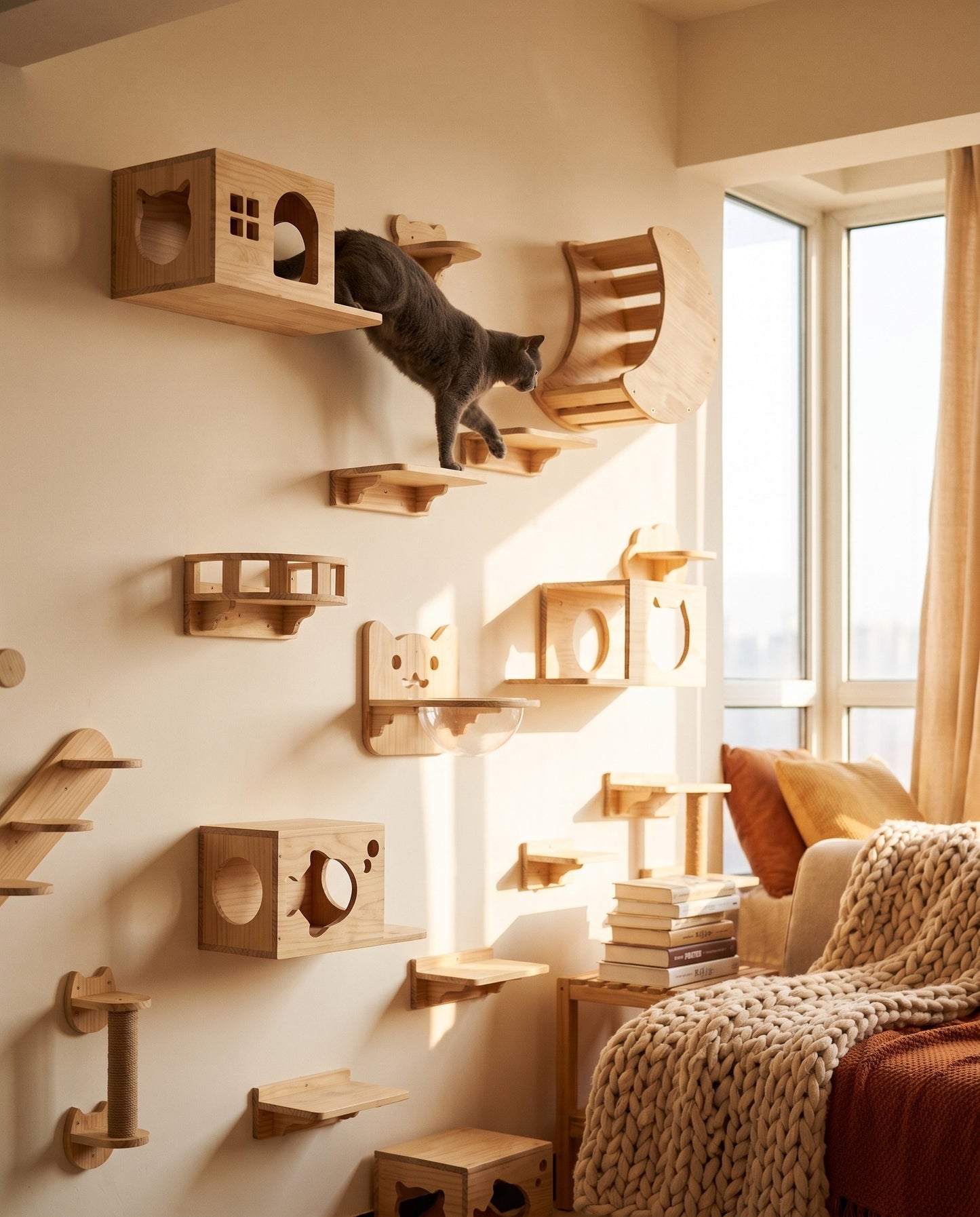 Modern Floating Cat Wall Shelves, in use at home