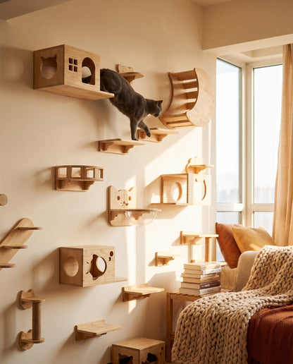 Modern Floating Cat Wall Shelves, in use at home