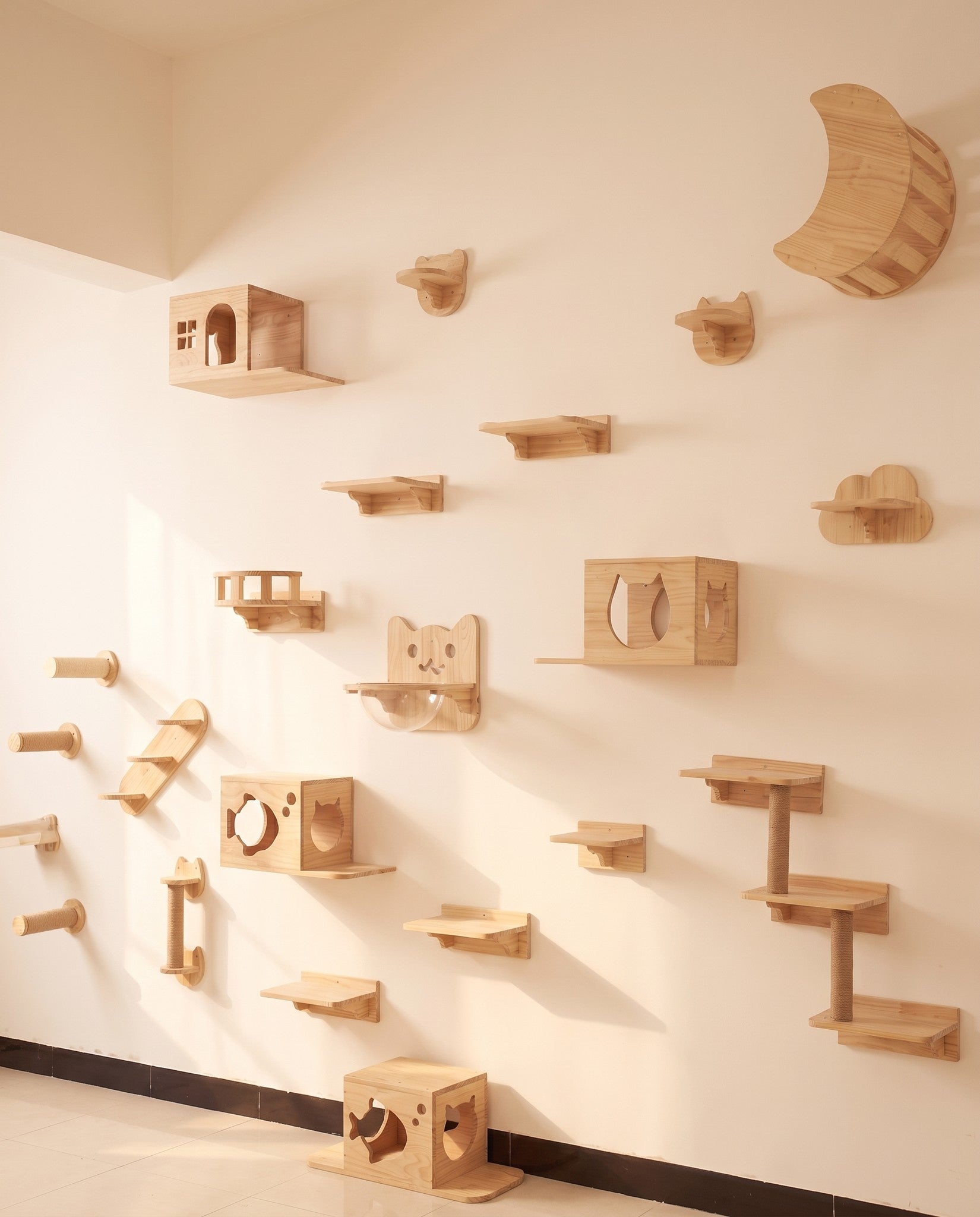 Modern Floating Cat Wall Shelves, styled in a home setting