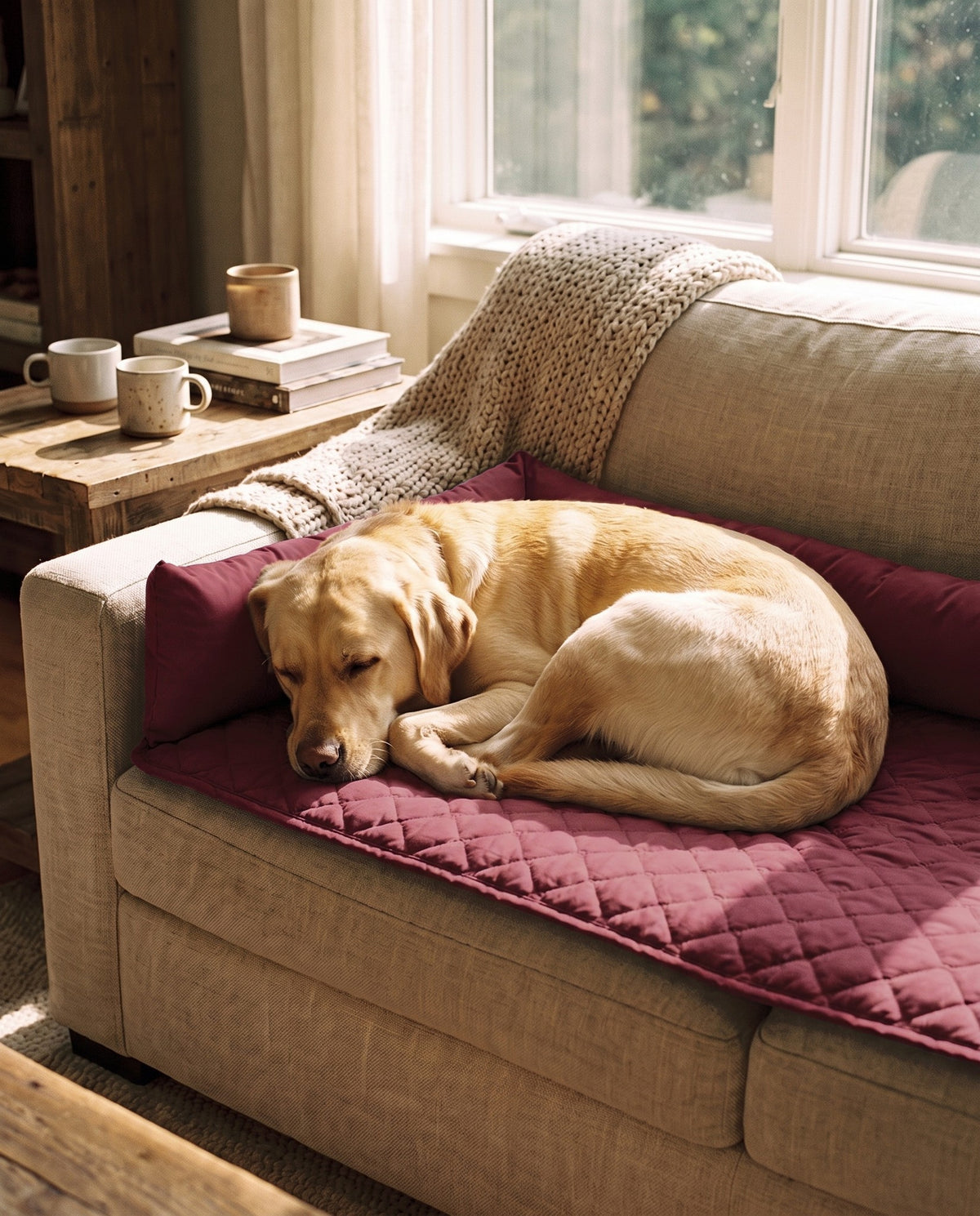 Quilted Sofa and Car Pad, Red, in use