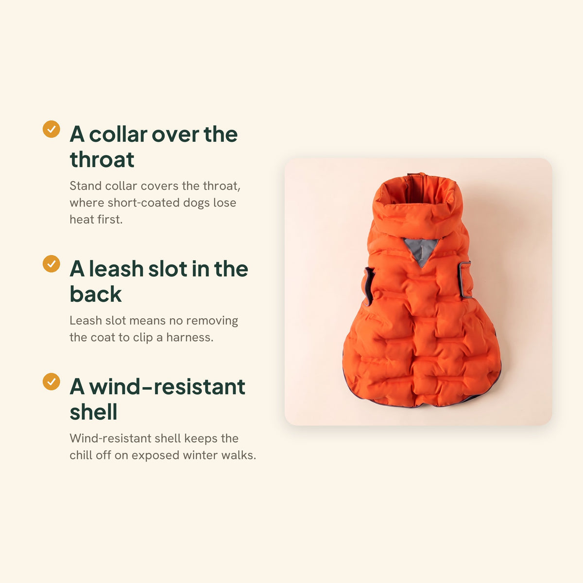 Windproof Padded Dog Coat, Orange, key benefits