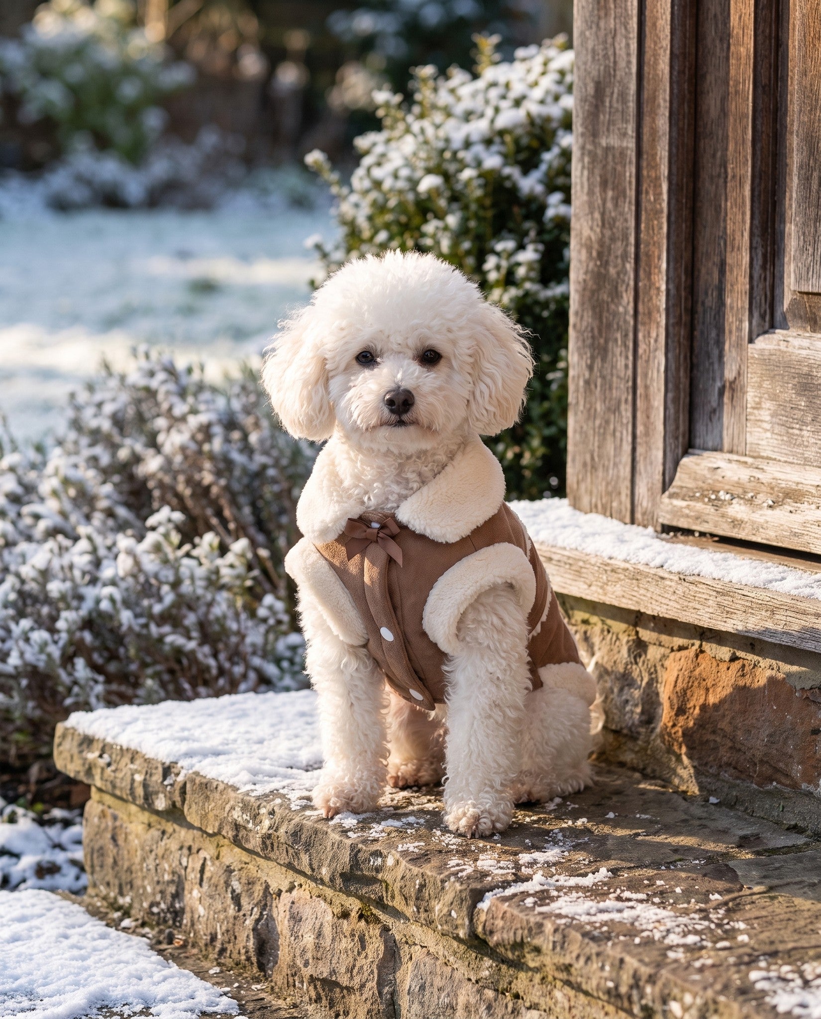 Shearling-Trim Winter Dog Jacket, in use at home