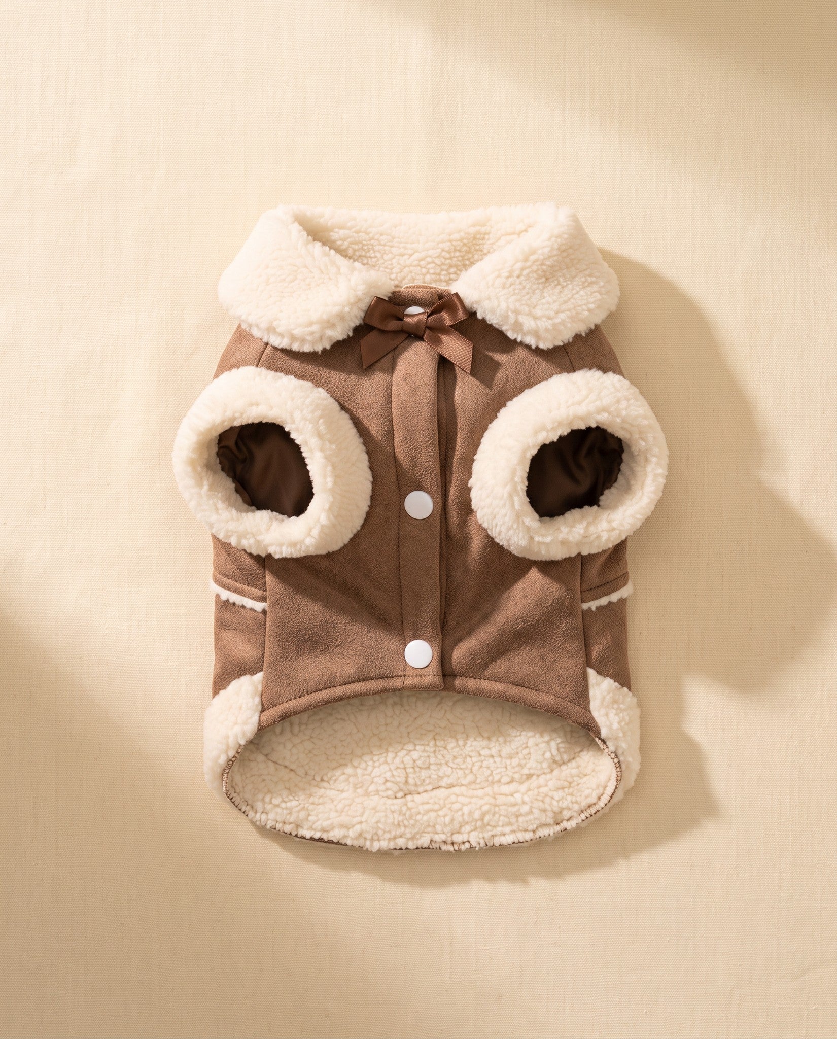 Shearling-Trim Winter Dog Jacket, styled in a home setting