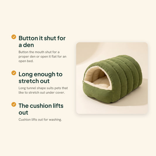 Corduroy Tunnel Cave Bed, key benefits