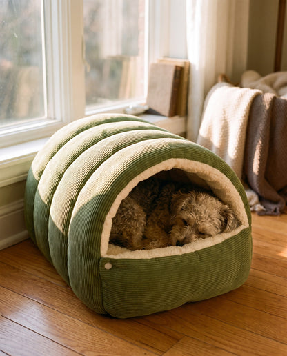 Corduroy Tunnel Cave Bed, in use at home