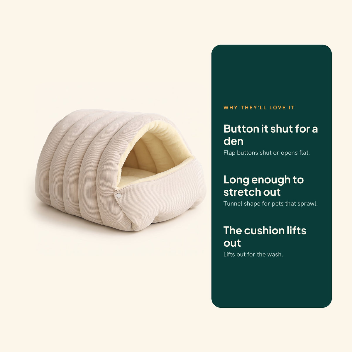 Corduroy Tunnel Cave Bed, Beige, key benefits
