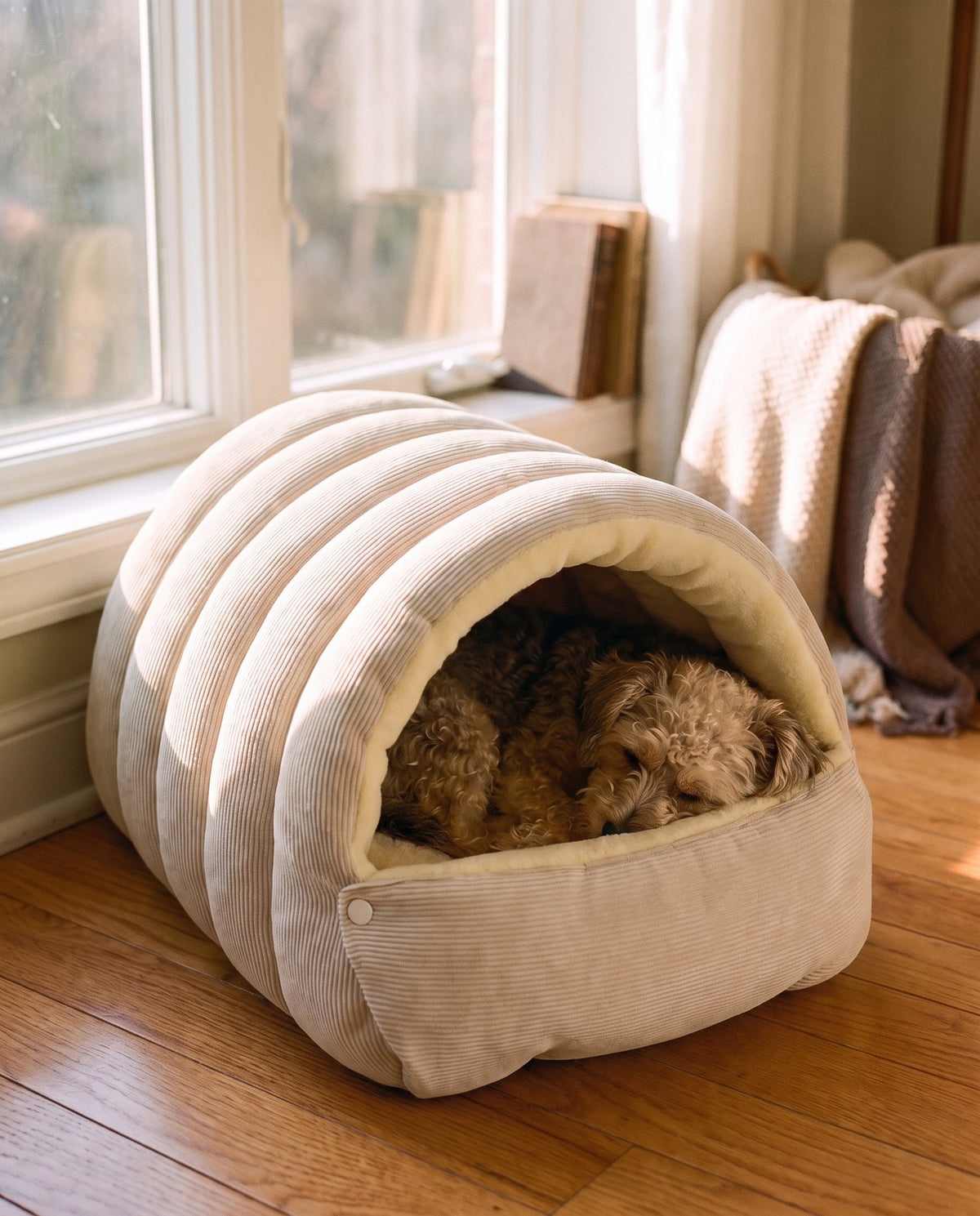 Corduroy Tunnel Cave Bed, Beige, in use