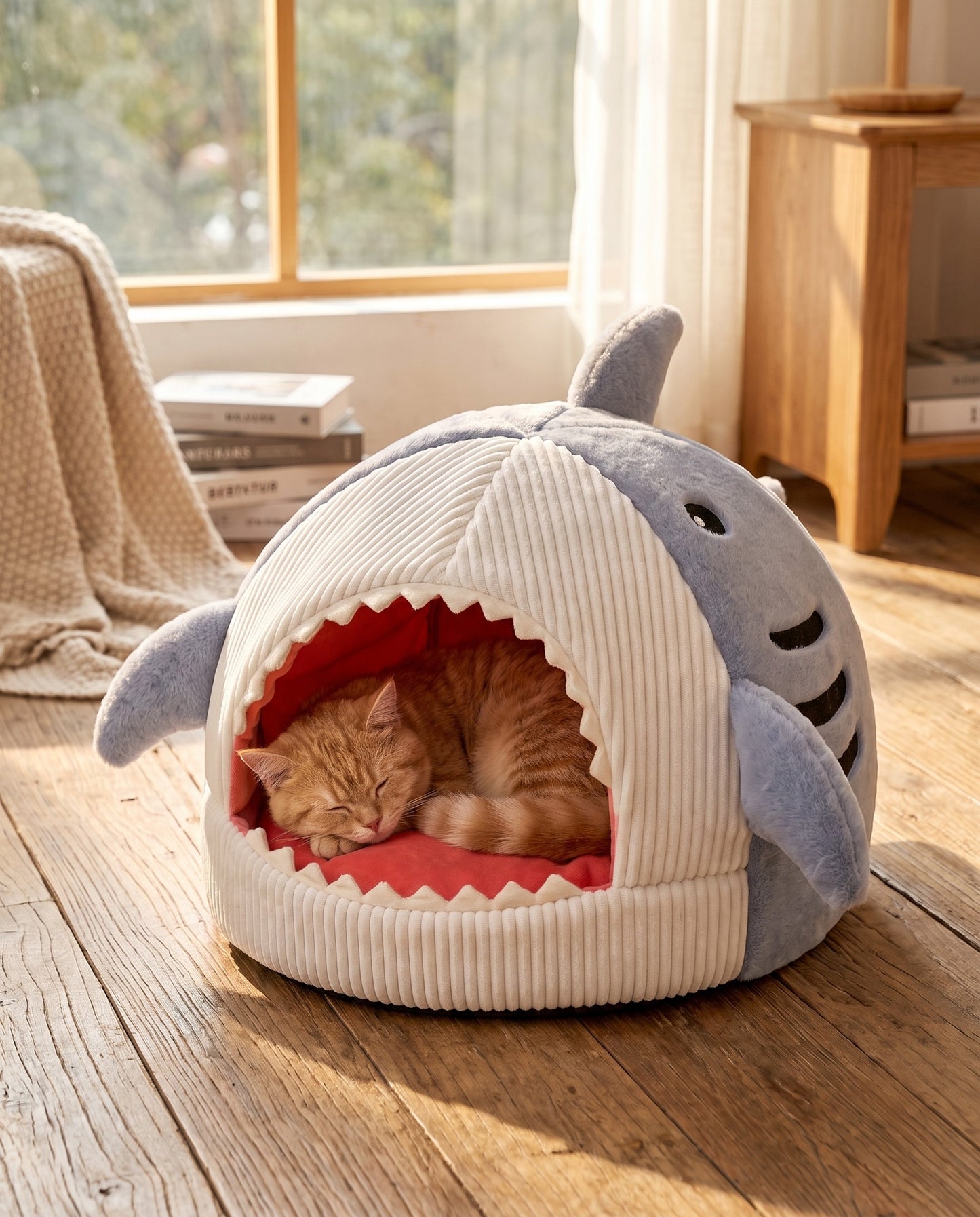 Shark Hooded Cave Bed for Cats, in use at home