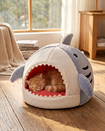 Shark Hooded Cave Bed for Cats, in use at home