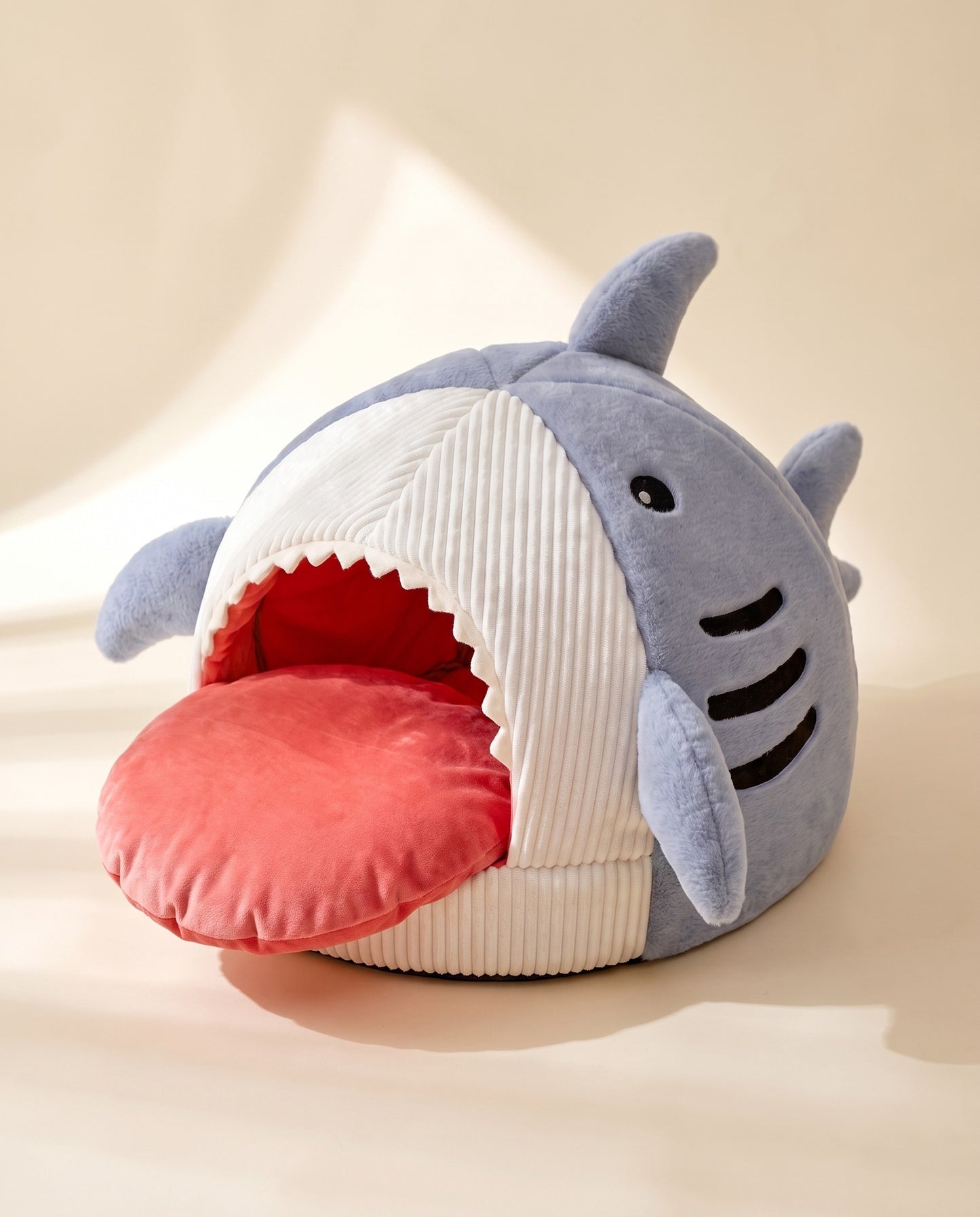 Shark Hooded Cave Bed for Cats, styled in a home setting