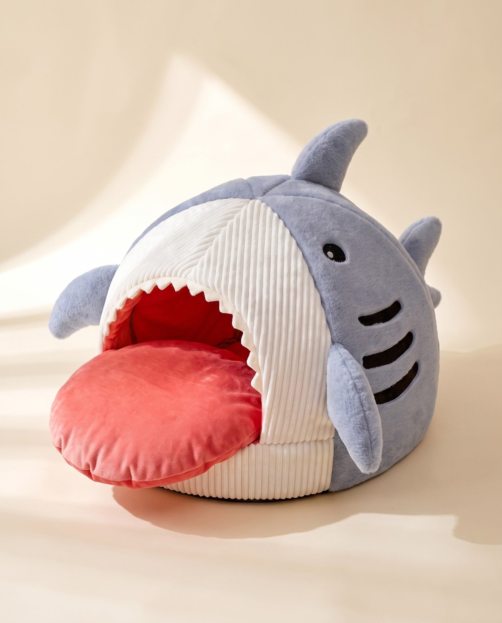 Shark Hooded Cave Bed for Cats, styled in a home setting