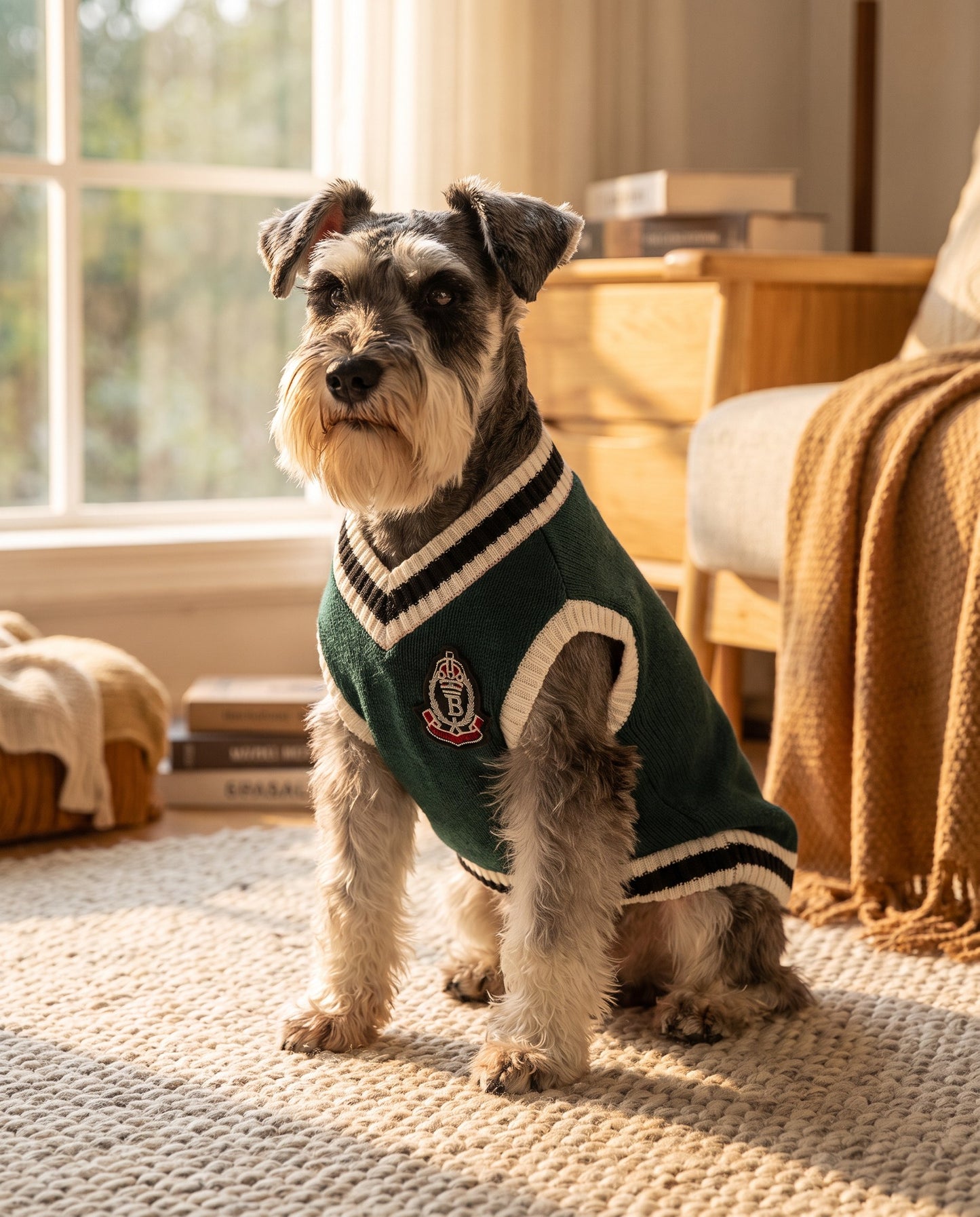 College V-Neck Knit Vest for Dogs, in use at home