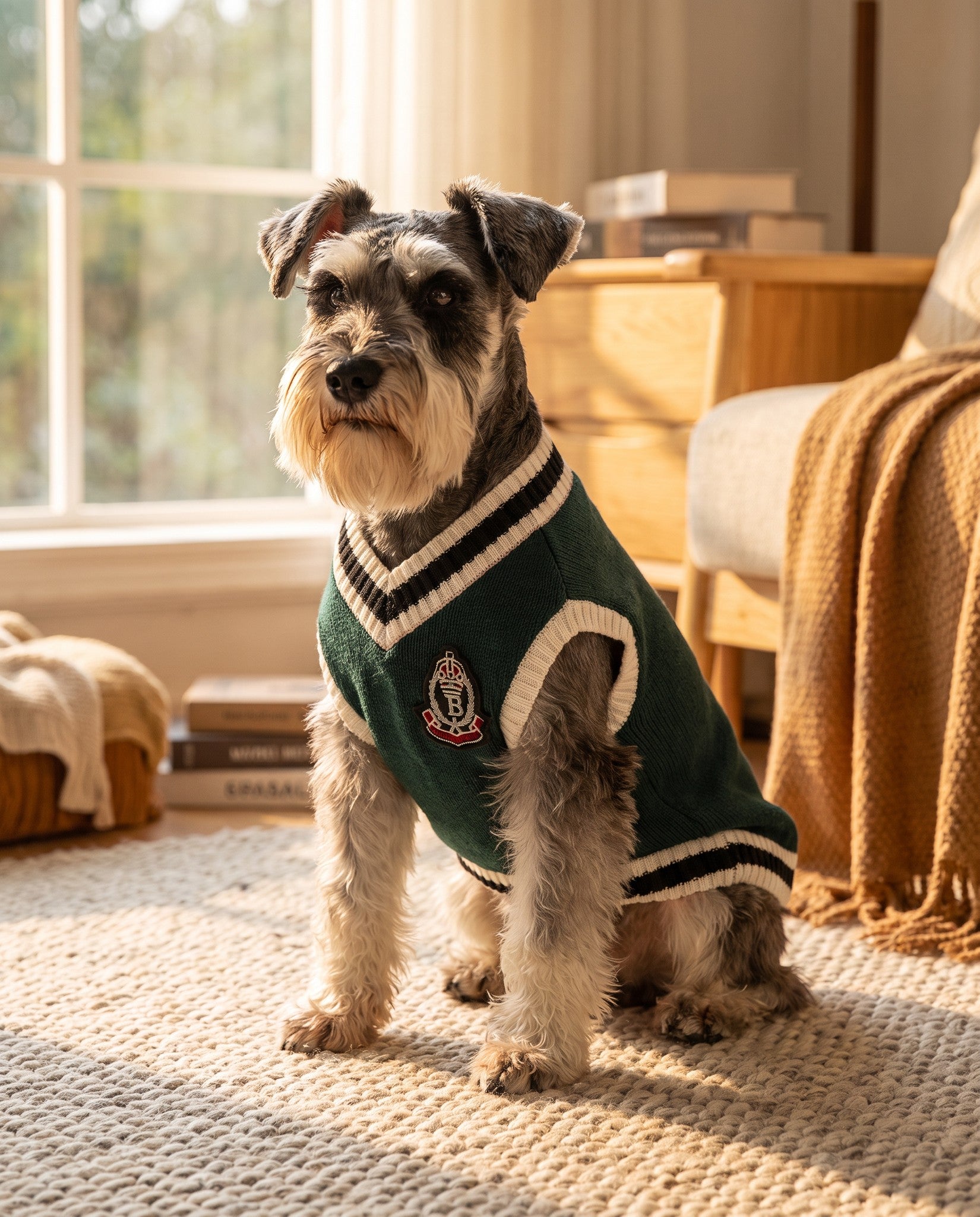 College V-Neck Knit Vest for Dogs, in use at home