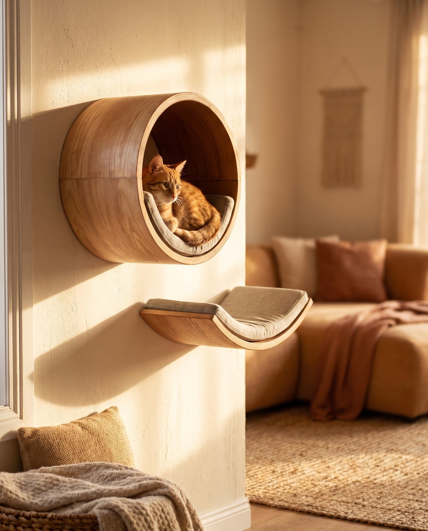Wooden Wall Cat Climbing Set with Tunnel, in use at home