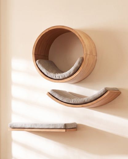 Wooden Wall Cat Climbing Set with Tunnel, styled in a home setting