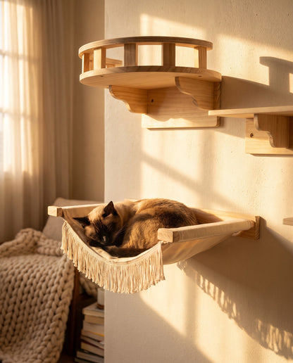 Wooden Cat Wall Shelves and Hammock, in use at home
