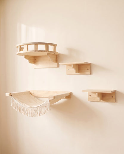Wooden Cat Wall Shelves and Hammock, styled in a home setting