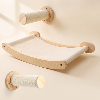 Wooden Cat Wall Shelves and Hammock, Hammock and Rollers, 3 Pieces