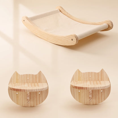Wooden Cat Wall Shelves and Hammock, Hammock and Cat Shelves, 3 Pieces
