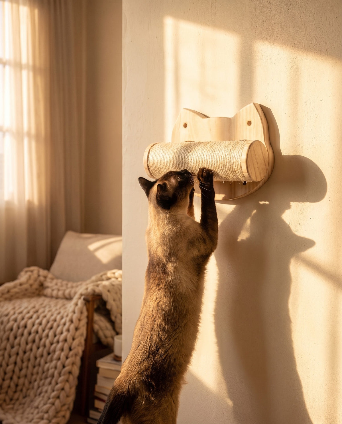 Wooden Cat Wall Shelves and Hammock, Cat-Face Shelf with Roller, in use