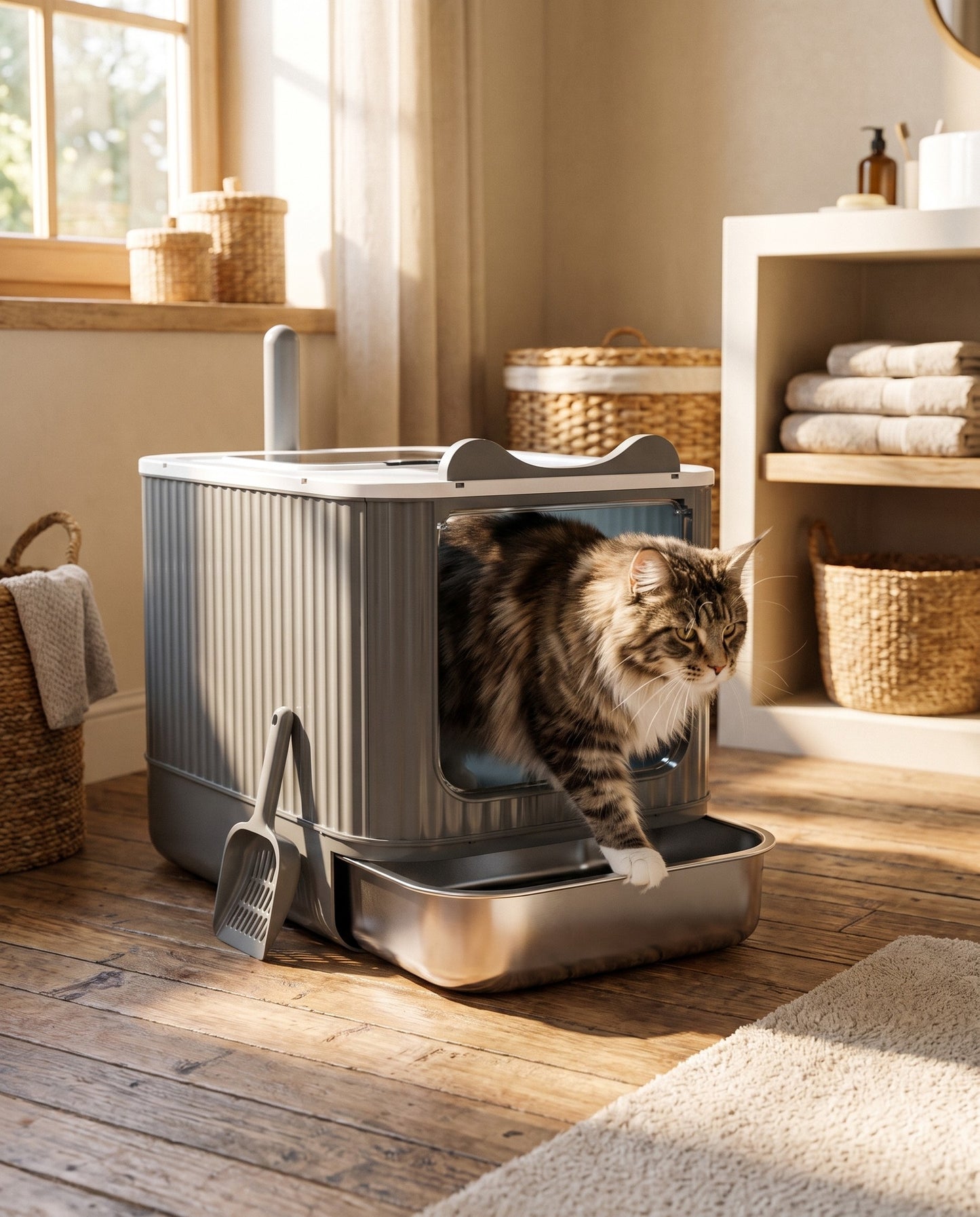 XXL Enclosed Litter Box with Steel Basin, in use at home