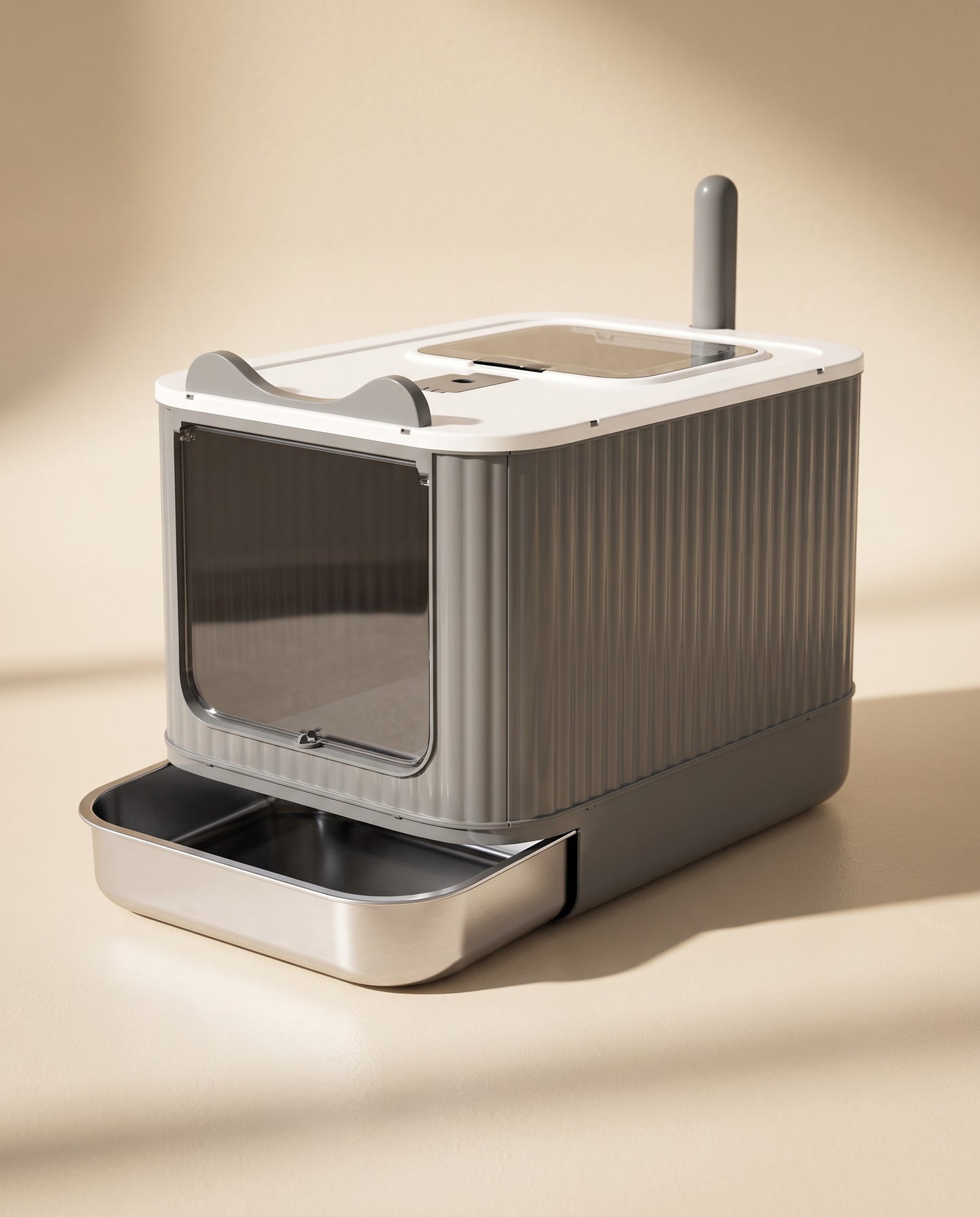 XXL Enclosed Litter Box with Steel Basin, styled in a home setting