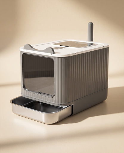 XXL Enclosed Litter Box with Steel Basin, styled in a home setting