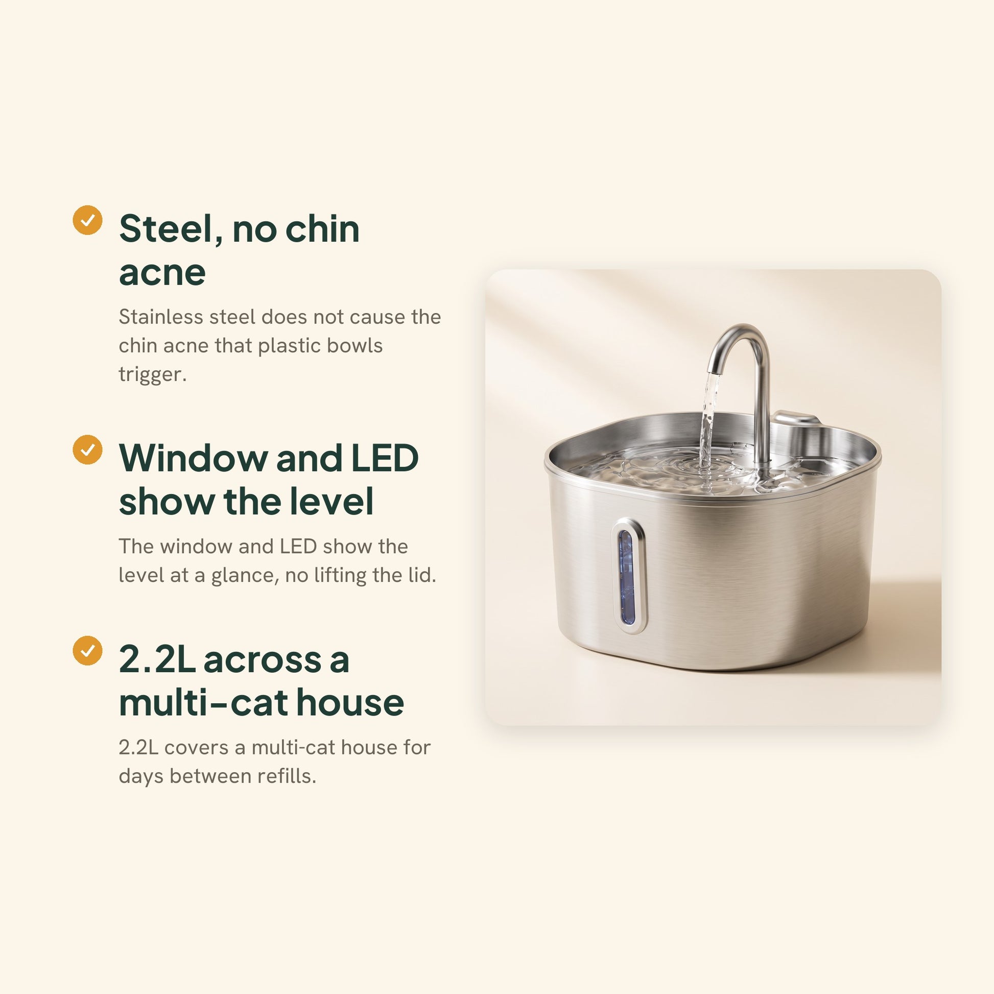 Stainless Steel Cat Water Fountain, 2.2L, key benefits