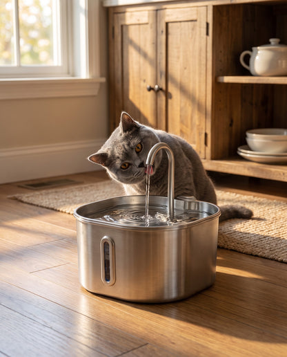 Stainless Steel Cat Water Fountain, 2.2L, in use at home