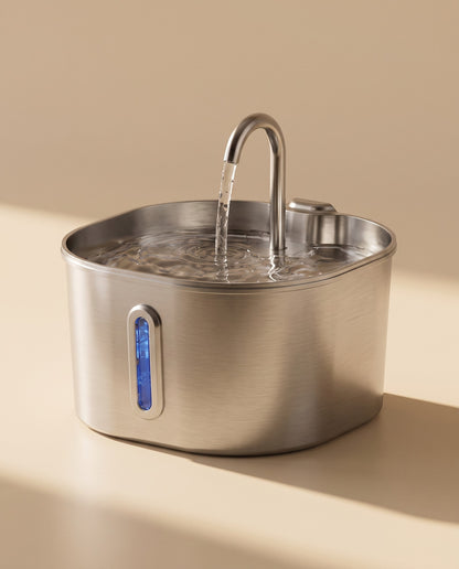 Stainless Steel Cat Water Fountain, 2.2L, styled in a home setting