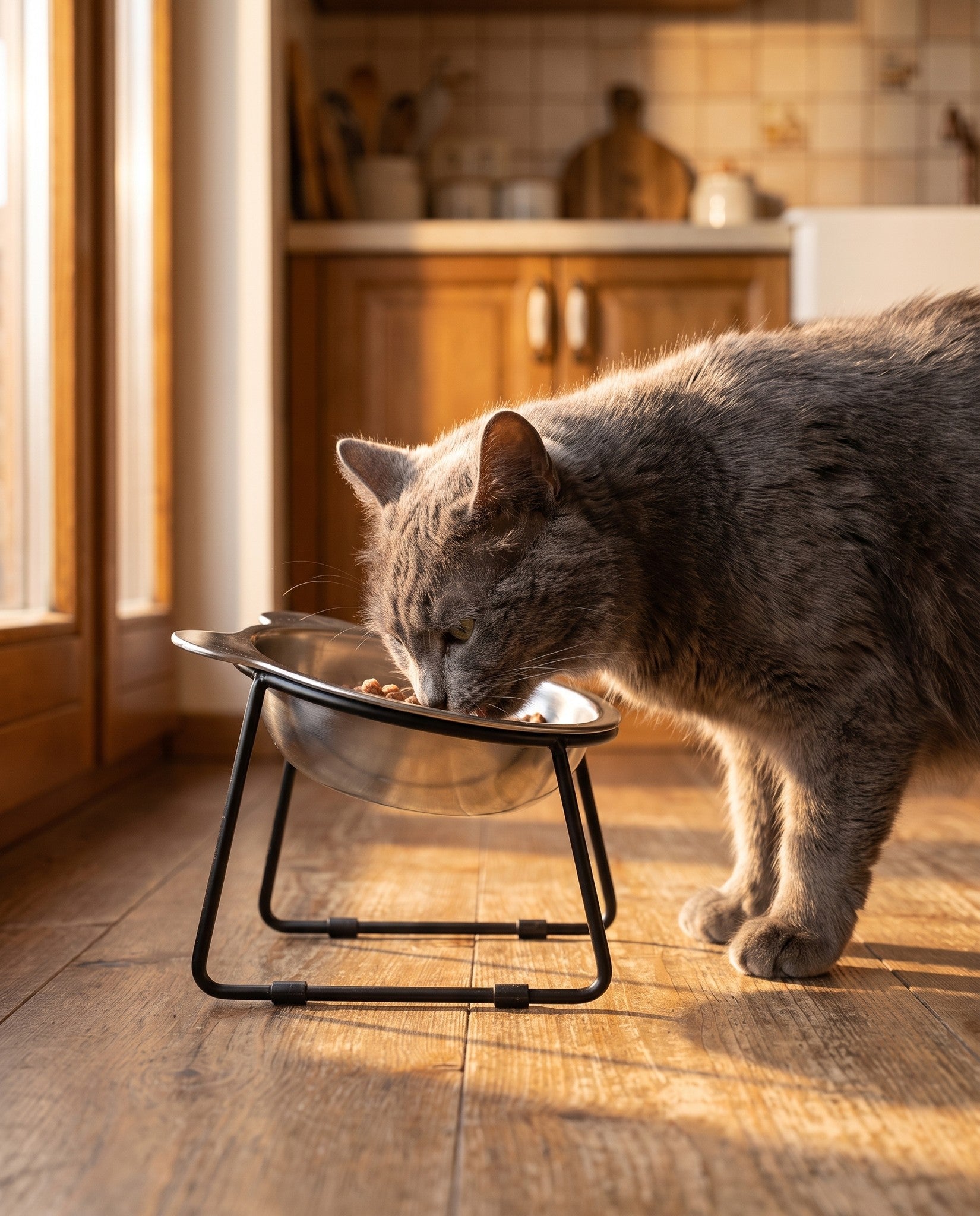 Raised 15 Degree Stainless Steel Cat Bowl, in use at home