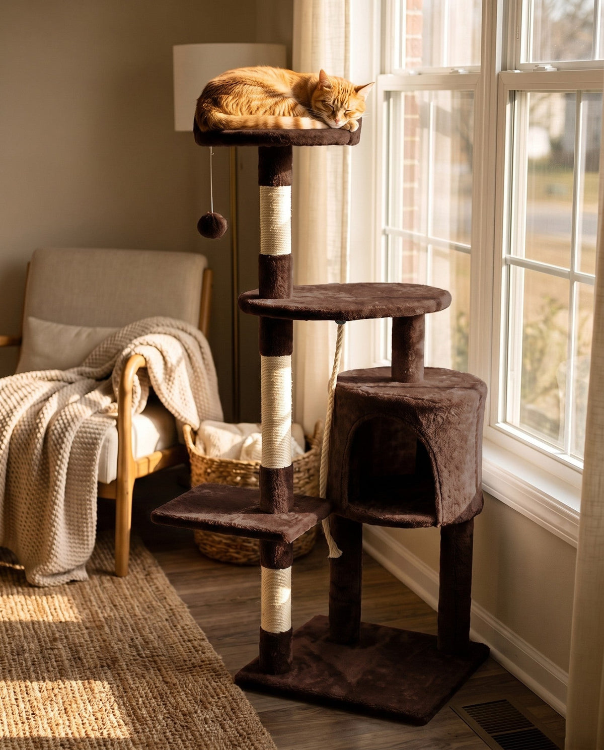 Cat Tree with Condo and Top Perch, Brown, in use