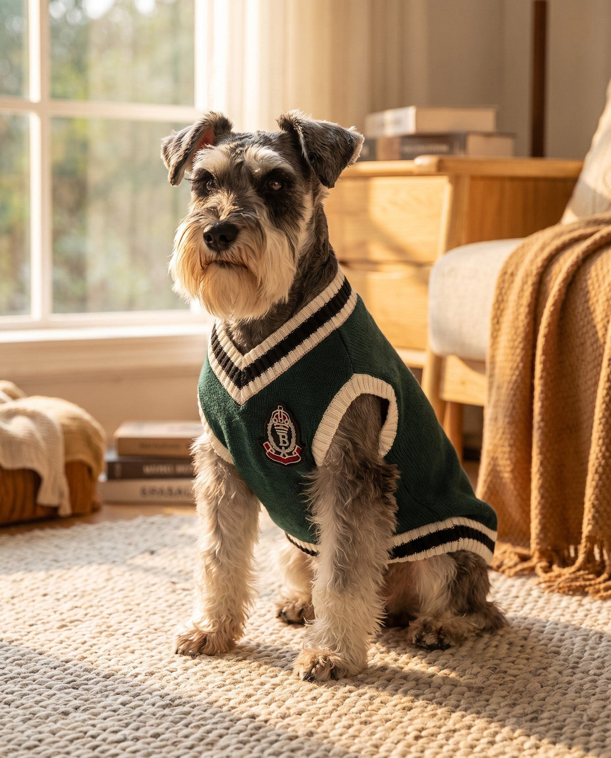 College V-Neck Knit Vest for Dogs, in use at home