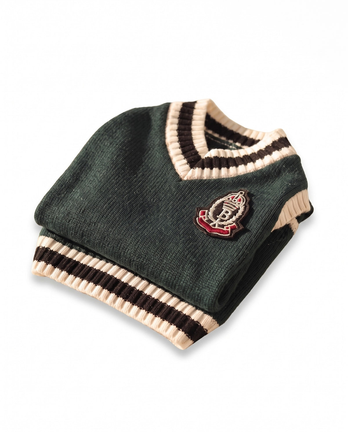 College V-Neck Knit Vest for Dogs, styled in a home setting