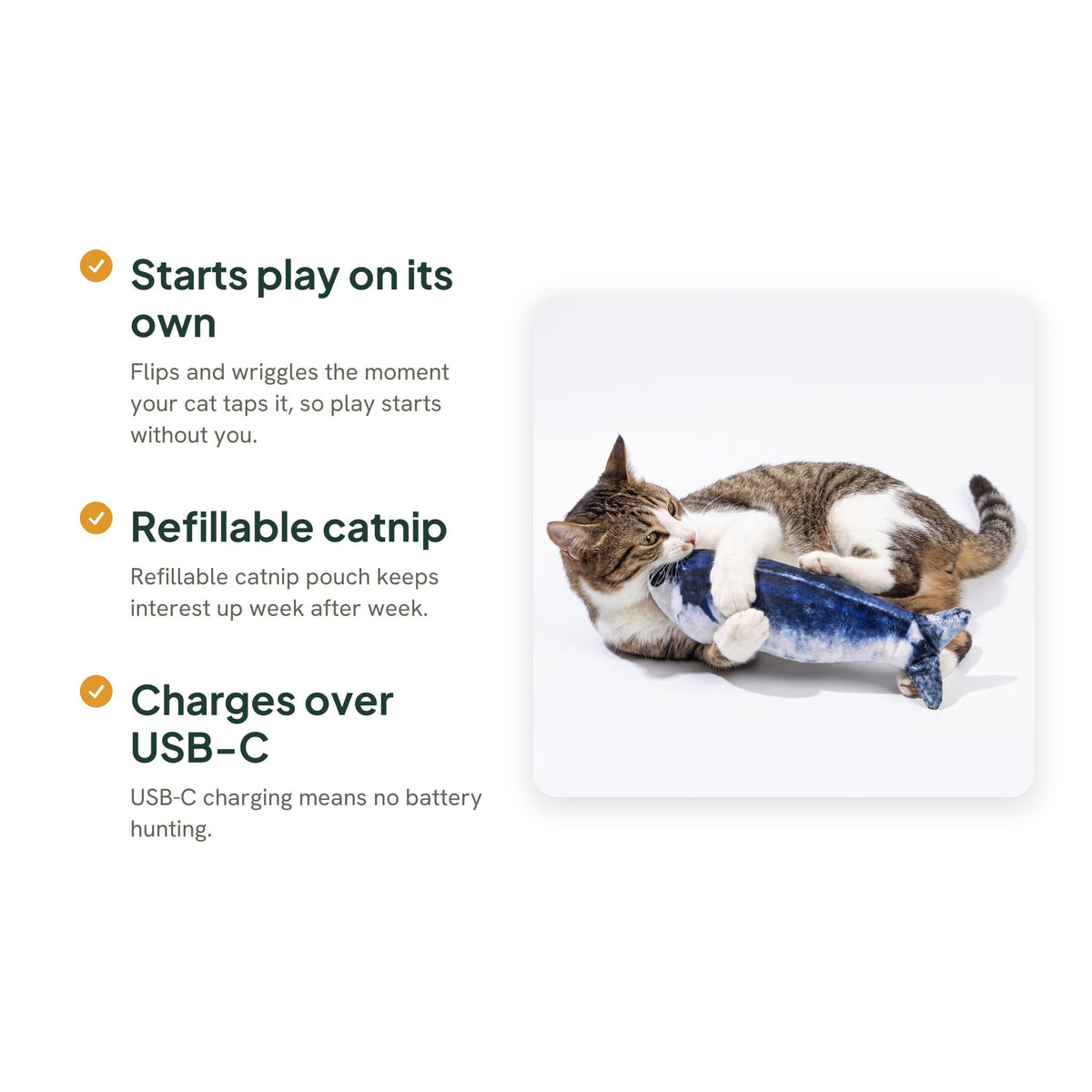 Flopping Fish Cat Toy, Rechargeable and Tap-Activated, key benefits