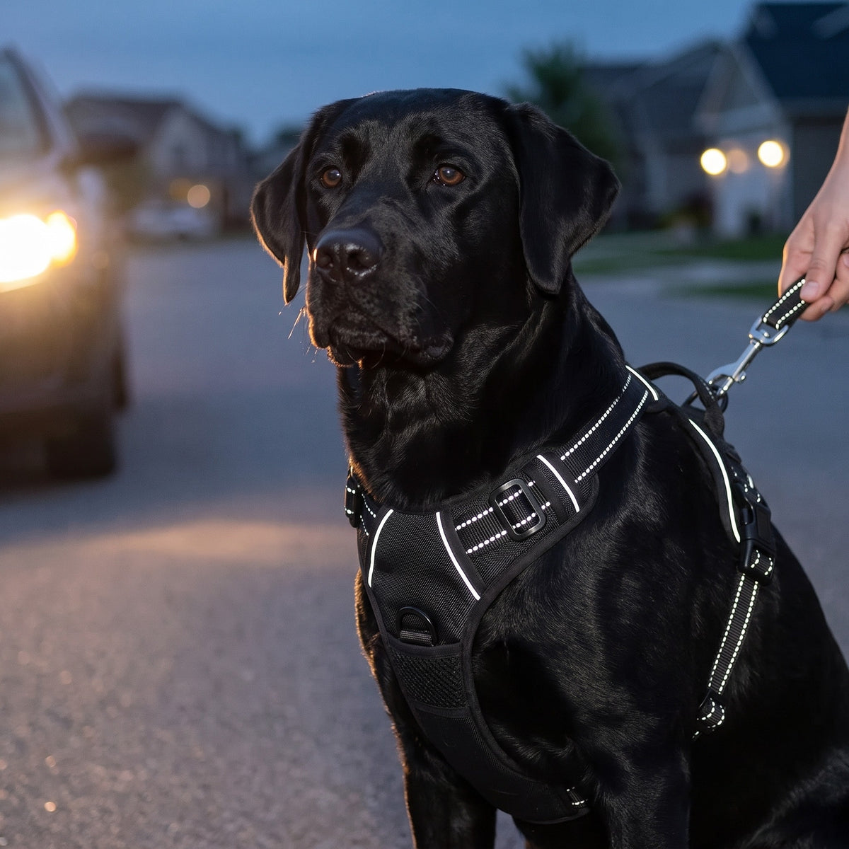 Reflective No-Pull Dog Harness, reflective stitching at dusk