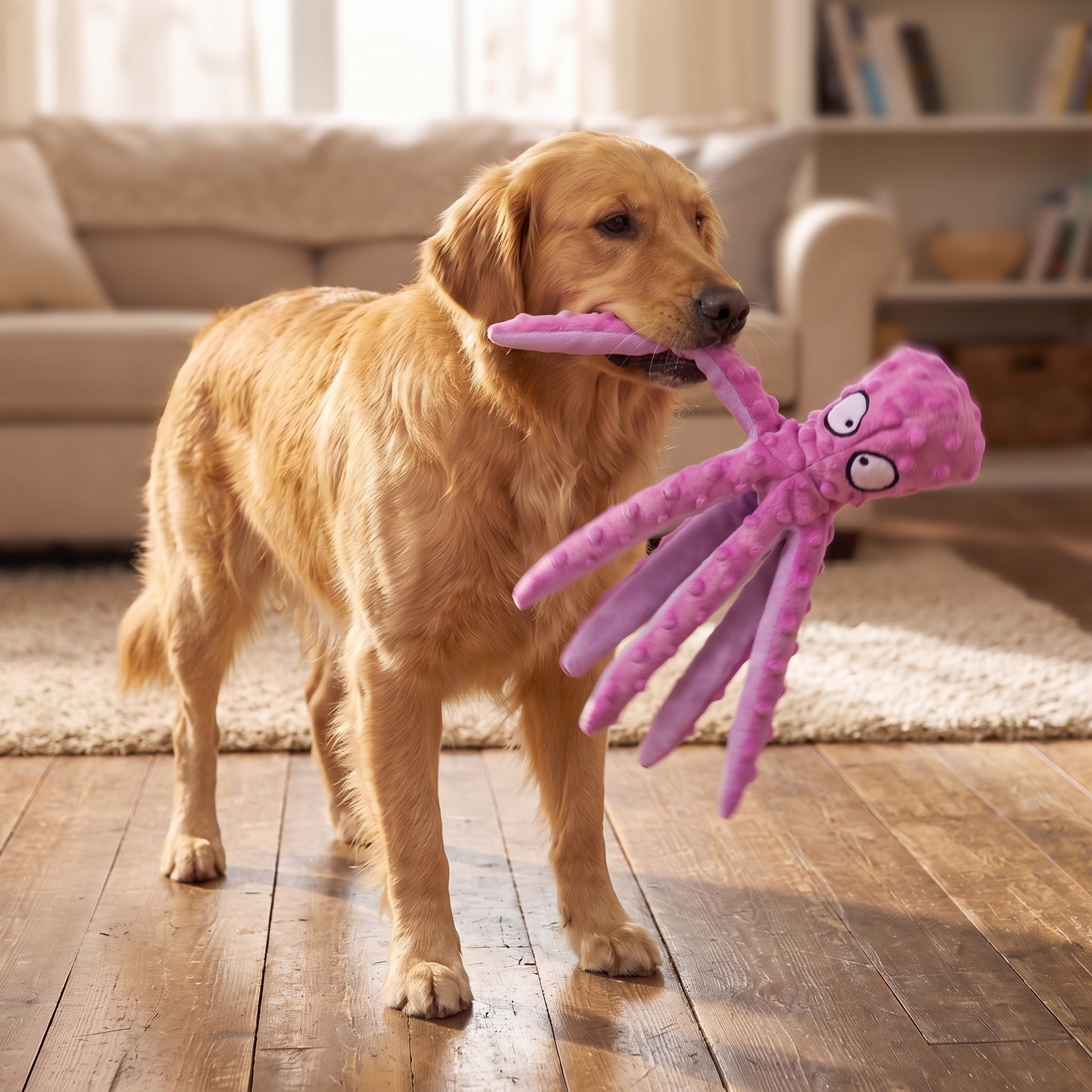 No-Stuffing Octopus Crinkle Toy for Dogs, in use at home