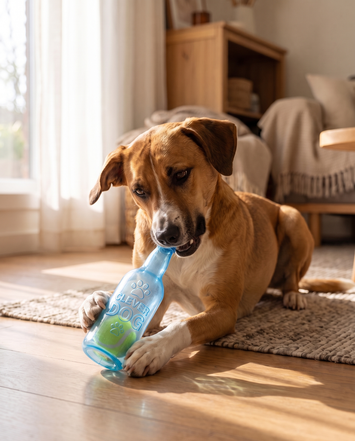 Beer Bottle Squeaky Toy with Tennis Ball, in use at home