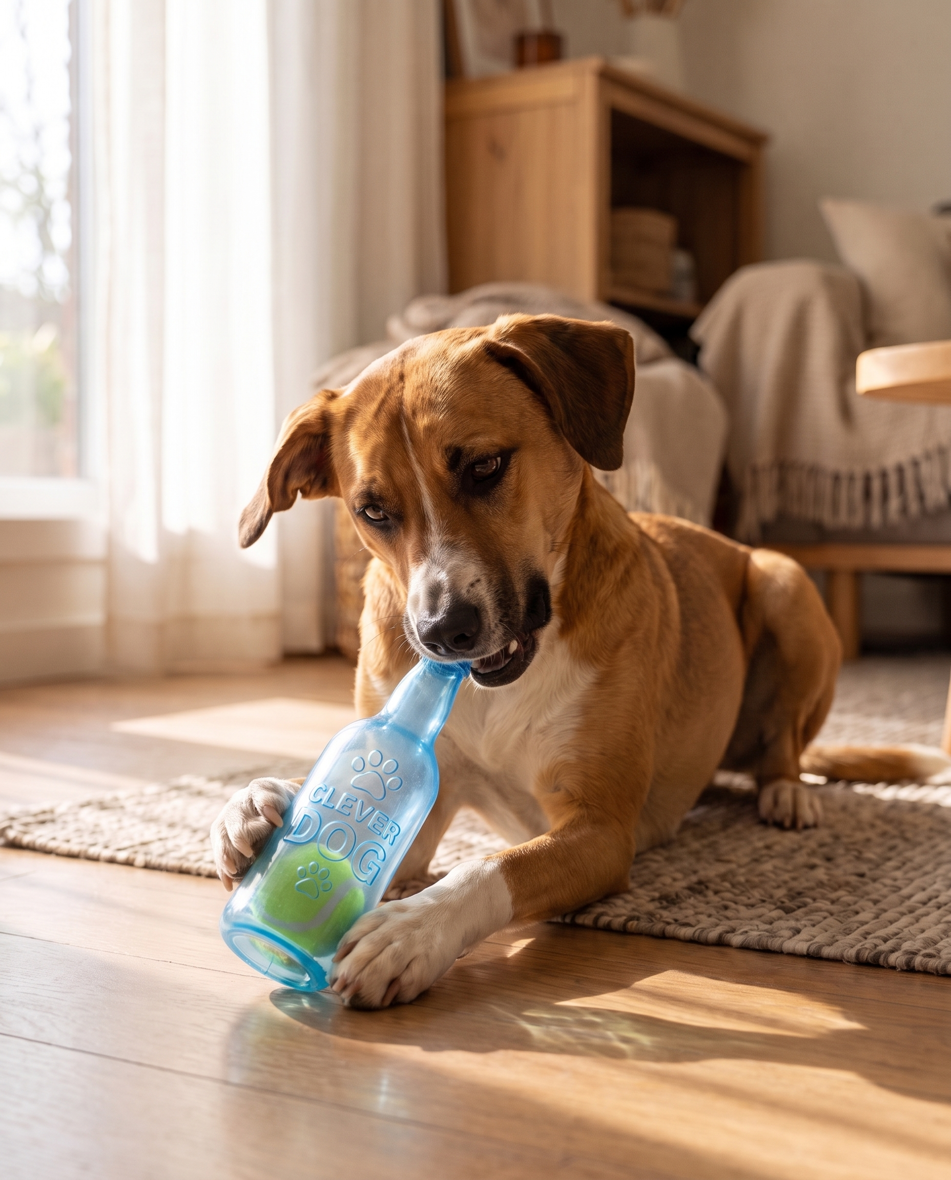 Beer Bottle Squeaky Toy with Tennis Ball, in use at home