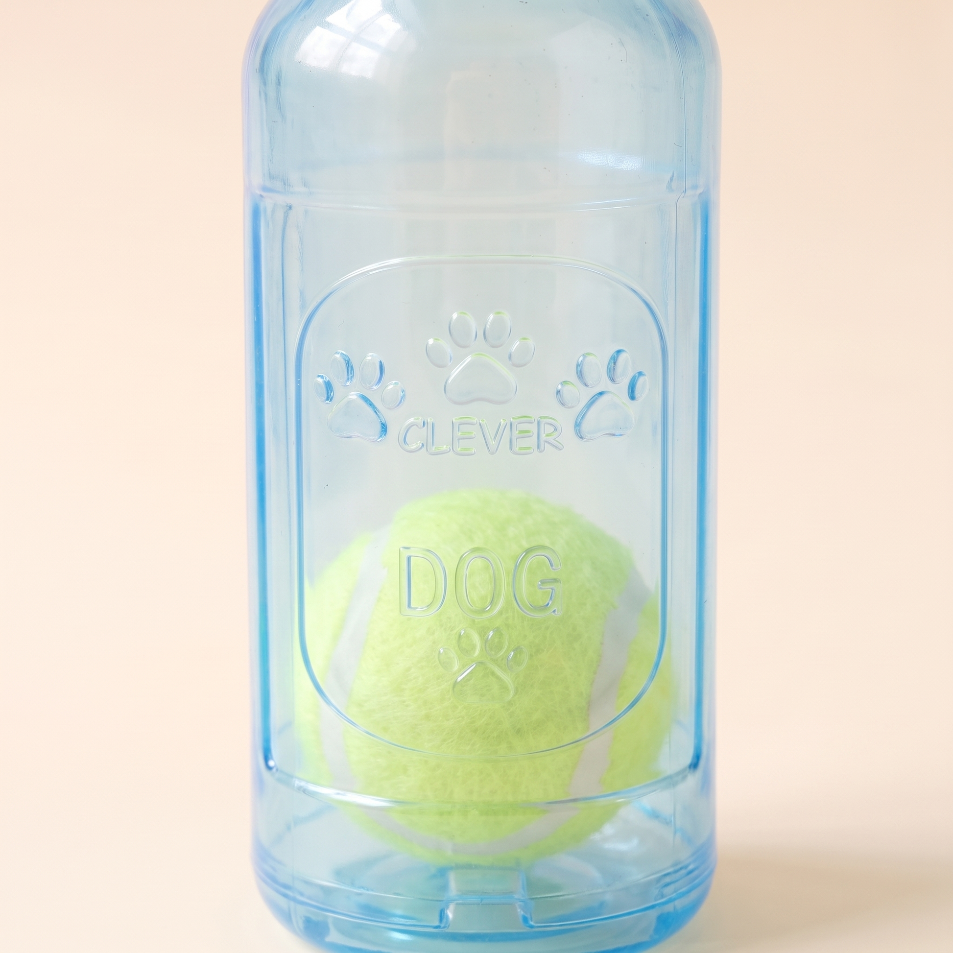 Beer Bottle Squeaky Toy with Tennis Ball, close-up detail