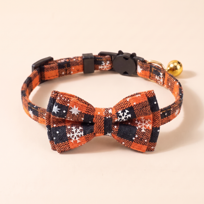 Breakaway Cat Collar with Bow Tie - Orange Snowflake Check