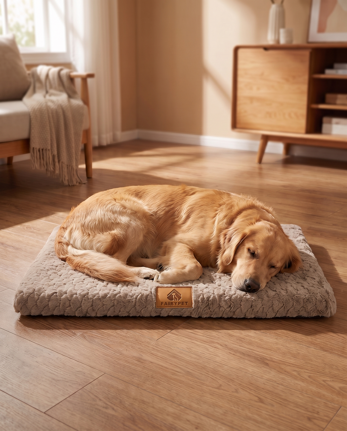 Foam Crate Mat with Washable Faux Fur Cover, in use at home