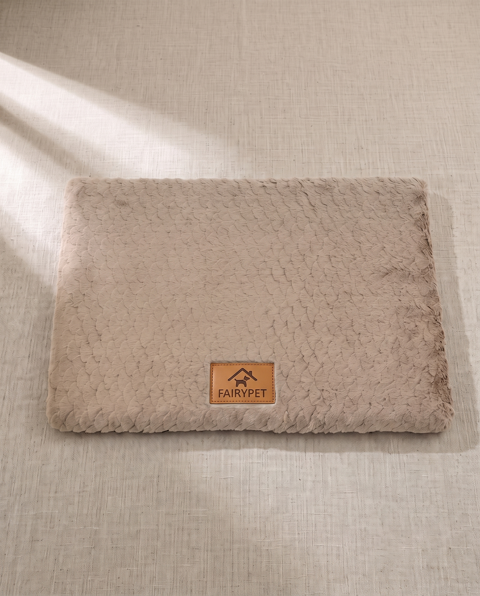 Foam Crate Mat with Washable Faux Fur Cover, styled in a home setting
