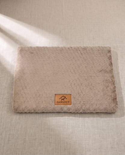Foam Crate Mat with Washable Faux Fur Cover, styled in a home setting