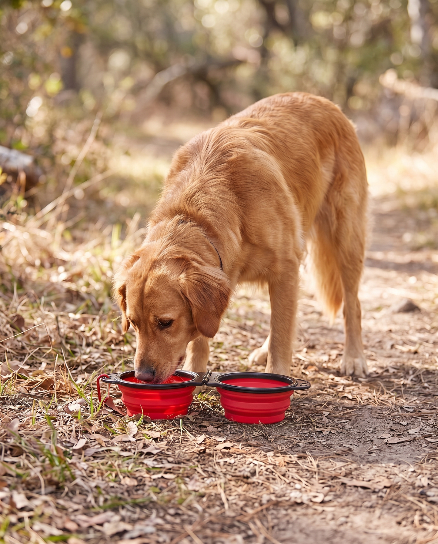 Collapsible Travel Double Bowl, in use outdoors