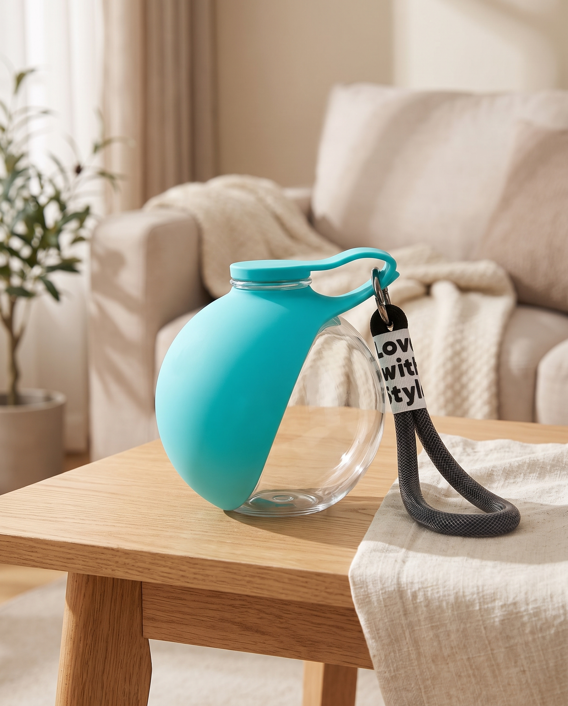 Portable Dog Water Bottle with Fold-Out Bowl, 285ml, styled in a home setting